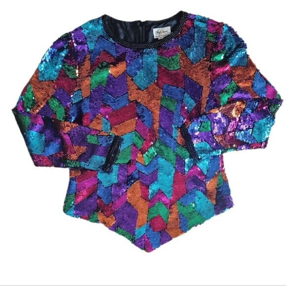 Vintage 80s Oleg Cassini Sequin Top 100% Silk & Rayon Sz 8 Statement Piece Artsy - Picture 12 of 16